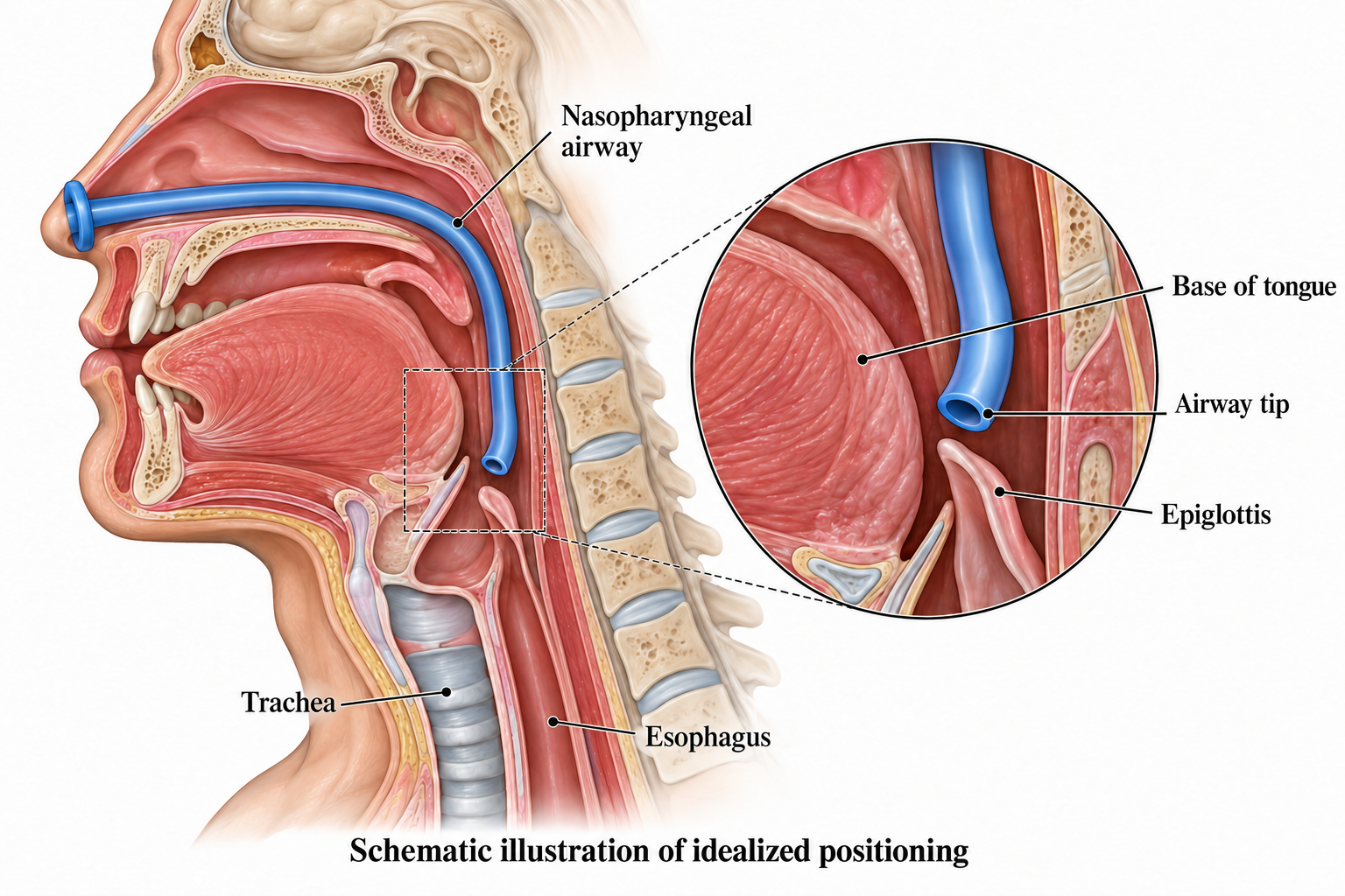 Schematic sagittal section of the head and neck showing a nasopharyngeal airway passing through the nasal cavity into the pharynx behind the soft palate and tongue base, with its tip above the epiglottis.